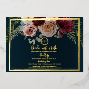 Schöne Blush Pink Burgundy Blumenmarche Hochzeit Folieneinladung