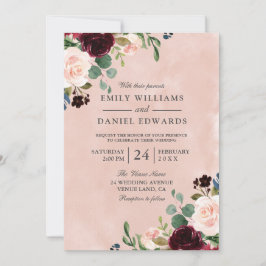 Schöne Blush Watercolor Burgund Blume Hochzeit Einladung