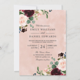 Schöne Blush Watercolor Burgund Blume Hochzeit Einladung