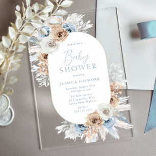 Schöne Boho Blue Floral Baby Dusche Acryleinladungen