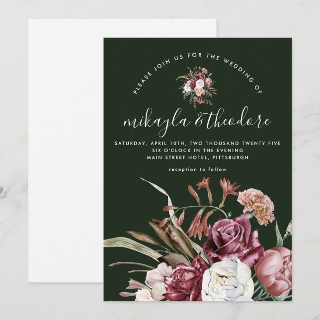 Schöne Boho floral Dark Green Wedding Einladung (Vorne/Hinten)