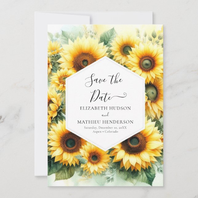 Schöne Boho Sonnenblumenhochzeit Save The Date (Vorderseite)