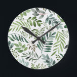 Schöne botanische Blätter in Wasserfarbe  Runde Wanduhr<br><div class="desc">Aquarellfarbene Pflanzen botanische rustikale Blätter Muster</div>