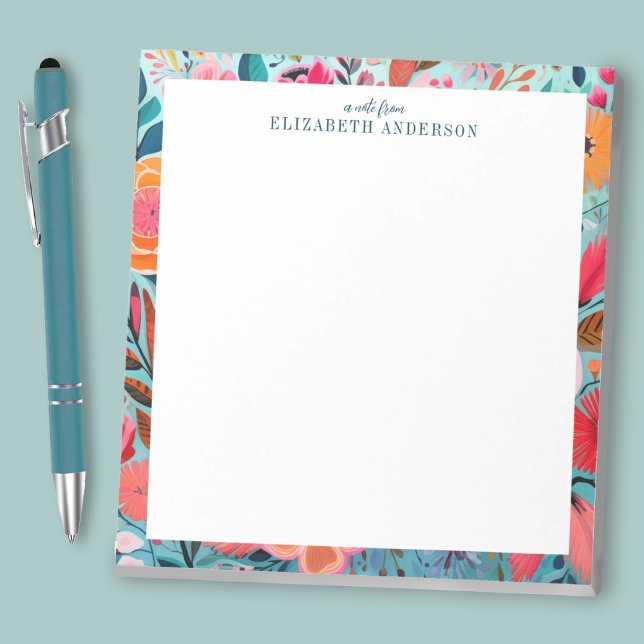 Schöne botanische girly Blumenrahmen  Notizblock (A pretty custom notepad with a bright colorful floral border. Personalize it with your name.)