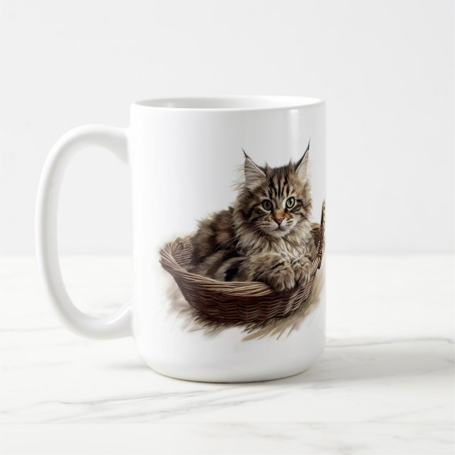 SCHÖNE, BROWBBY-MAINE-COON-KATZE IN BASKET KAFFEETASSE (Links)