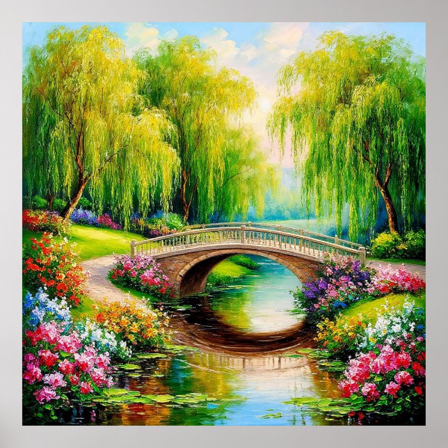 Schöne Brücke in einer blühenden Landschaft Poster (Vorne)