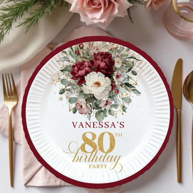 Schöne Burgunder Blumen 80. Geburtstag Papier Pappteller (Beautiful Burgundy Floral 80th Birthday Paper Plates)