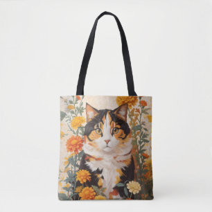 Schöne Calico Katze mit marigold Blume