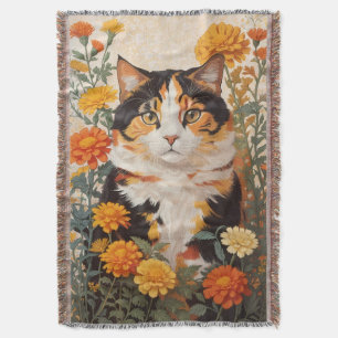 Schöne Calico Katze mit marigold Blume Decke
