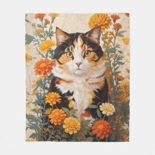 Schöne Calico Katze mit marigold Blume Fleecedecke