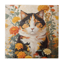 Schöne Calico Katze mit marigold Blume