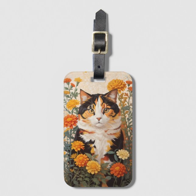 Schöne Calico Katze mit marigold Blume Gepäckanhänger (Vorderseite Vertikal)