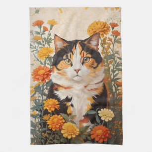 Schöne Calico Katze mit marigold Blume Geschirrtuch