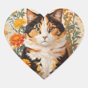 Schöne Calico Katze mit marigold Blume Herz-Aufkleber