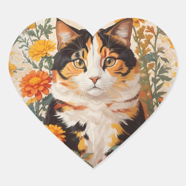 Schöne Calico Katze mit marigold Blume Herz-Aufkleber (Vorderseite)