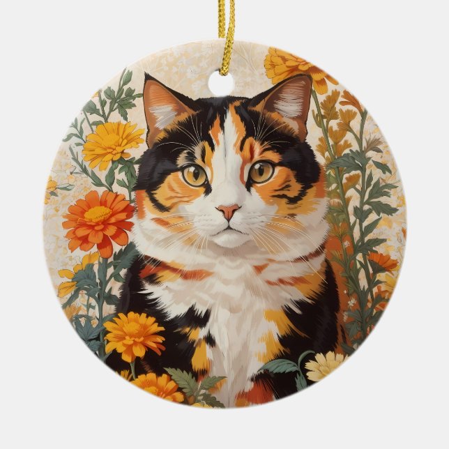 Schöne Calico Katze mit marigold Blume Keramik Ornament (Vorne)