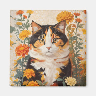 Schöne Calico Katze mit marigold Blume Magnet