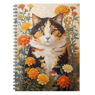 Schöne Calico Katze mit marigold Blume Notizblock