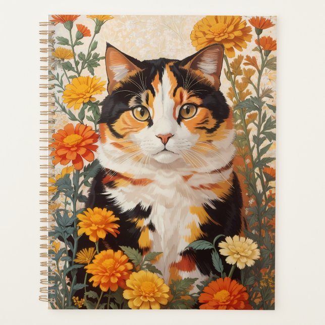 Schöne Calico Katze mit marigold Blume Planer (Vorderseite)