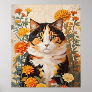 Schöne Calico Katze mit marigold Blume Poster