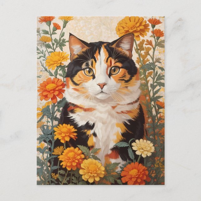 Schöne Calico Katze mit marigold Blume Postkarte (Vorderseite)
