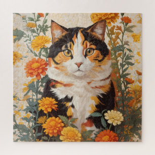 Schöne Calico Katze mit marigold Blume Puzzle