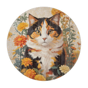 Schöne Calico Katze mit marigold Blume Schneidebrett