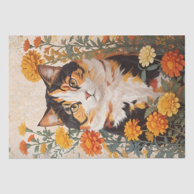 Schöne Calico Katze mit marigold Blume Seidenpapier (Vorderseite)