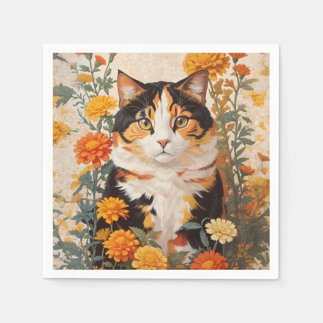 Schöne Calico Katze mit marigold Blume Serviette (Vorderseite)