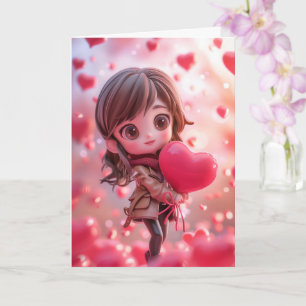 Schöne Chibi-Ehefrau hält ein Herz Karte