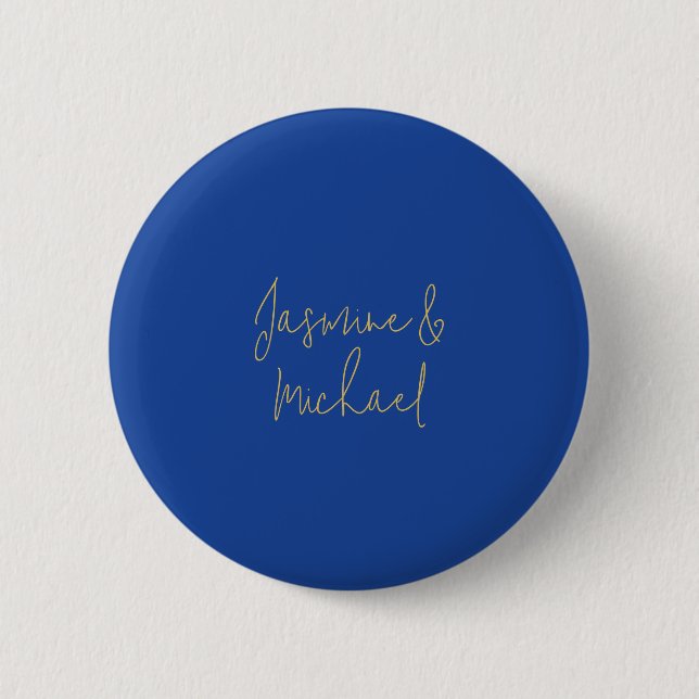 Schöne Chic-Kalligrafie-Paarnamen Blau & Gold Button (Vorderseite)
