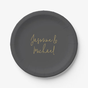 Schöne Chic-Kalligrafie-Paarnamen Grau & Gold Pappteller