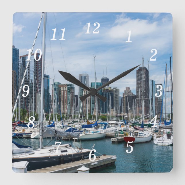 Schöne Chicago Harbour Wall Clock Quadratische Wanduhr (Vorderseite)