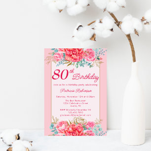 Schöne Coral Pink Floral 80. Geburtstagsparty Einladung