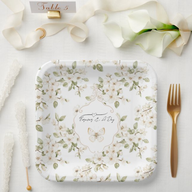 Schöne Creme blühende Baum Schmetterling Hochzeit Pappteller (Hochzeit)