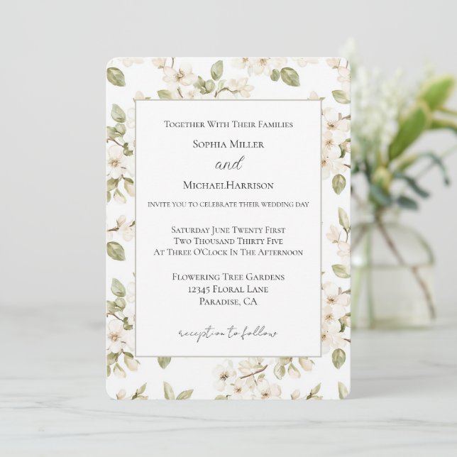 Schöne cremefarbene blühende Baumhochzeit Einladung (Stehend Vorderseite)