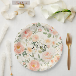 Schöne cremefarbene Pfirsich-Blumen-Brautparty Pappteller