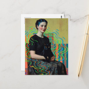 Schöne Dame mit einer schwarzen Katze Glitch Art Postkarte