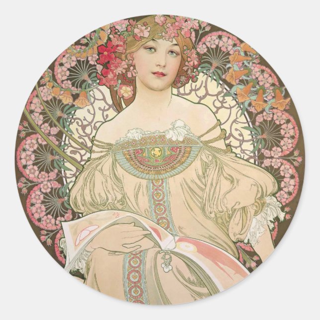 Schöne Dame - Mucha Runder Aufkleber (Vorderseite)
