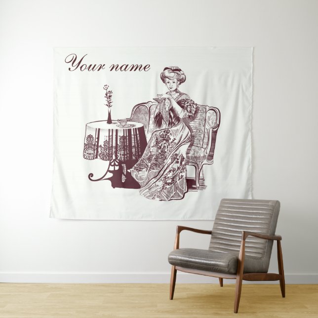 Schöne Dame trinkt Tee Wandteppich (Beispiel (Horizontal))