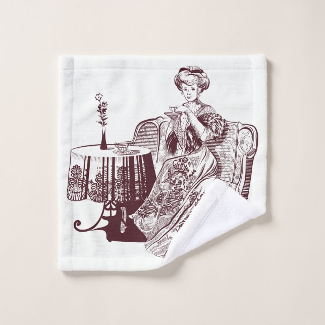 Schöne Dame trinkt Tee Waschlappen (Waschlappen)