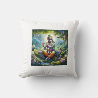Schöne Darstellung von Lord Krishna beim Flötenspi Kissen