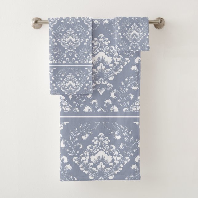 Schöne dblaue graue und weiße Blumenmuster-Badezim Badhandtuch Set (Insitu)