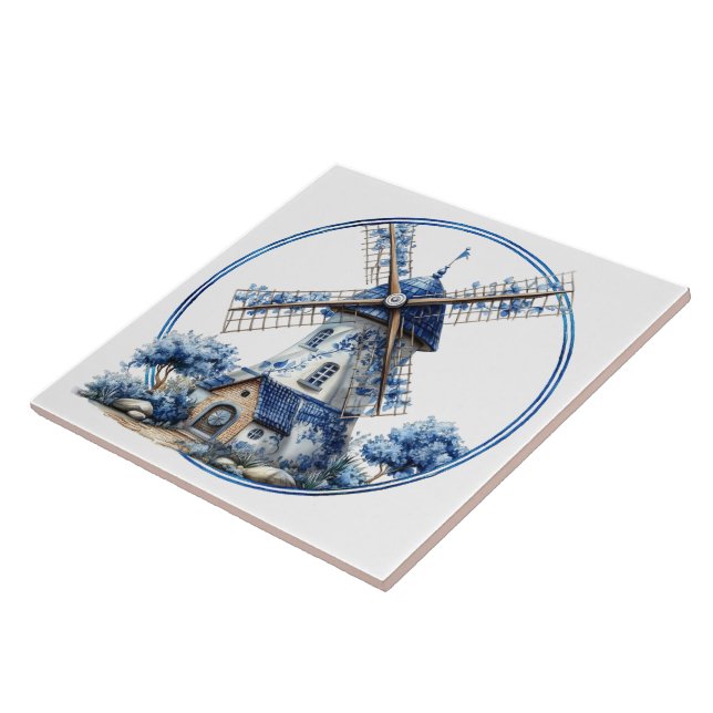 Schöne Delfter Blau Wasserfarben-Windmühle Fliese (Seite)