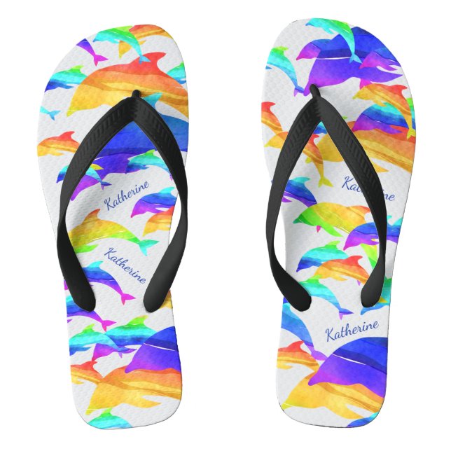 Schöne Delphine im Regenbogen mit Vorname Flip Flops (Fußbett)