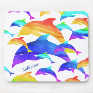 Schöne Delphine im Regenbogen mit Vorname Mousepad