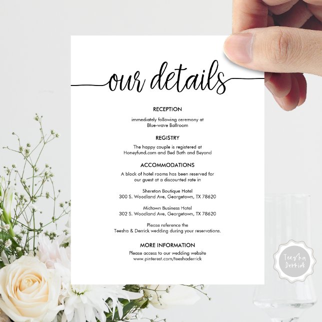 Schöne Details zur Hochzeit, rustikale schwarze Ti Begleitkarte (Beautiful Our Wedding Details, Rustic Black ink Enclosure Card, Accommodations, Reception, RSVP)