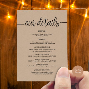 Schöne Details zur Hochzeit, rustikale schwarze Ti Begleitkarte
