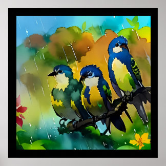 Schöne drei bunte Vögel sitzen auf einem Ast I Poster