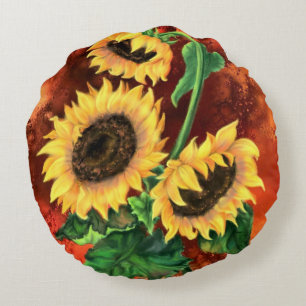 Schöne Drei Sonnenblumen - Malerei Rundes Kissen